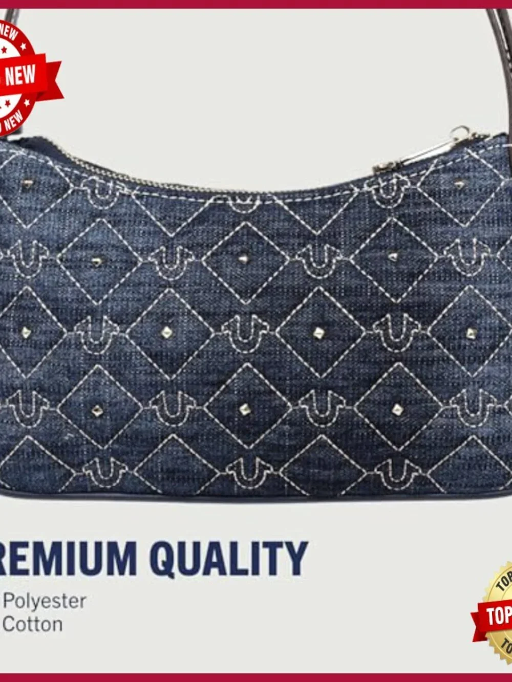 Studded Denim Shoulder Bag Quilted Horseshoe Pattern Gold Hardware